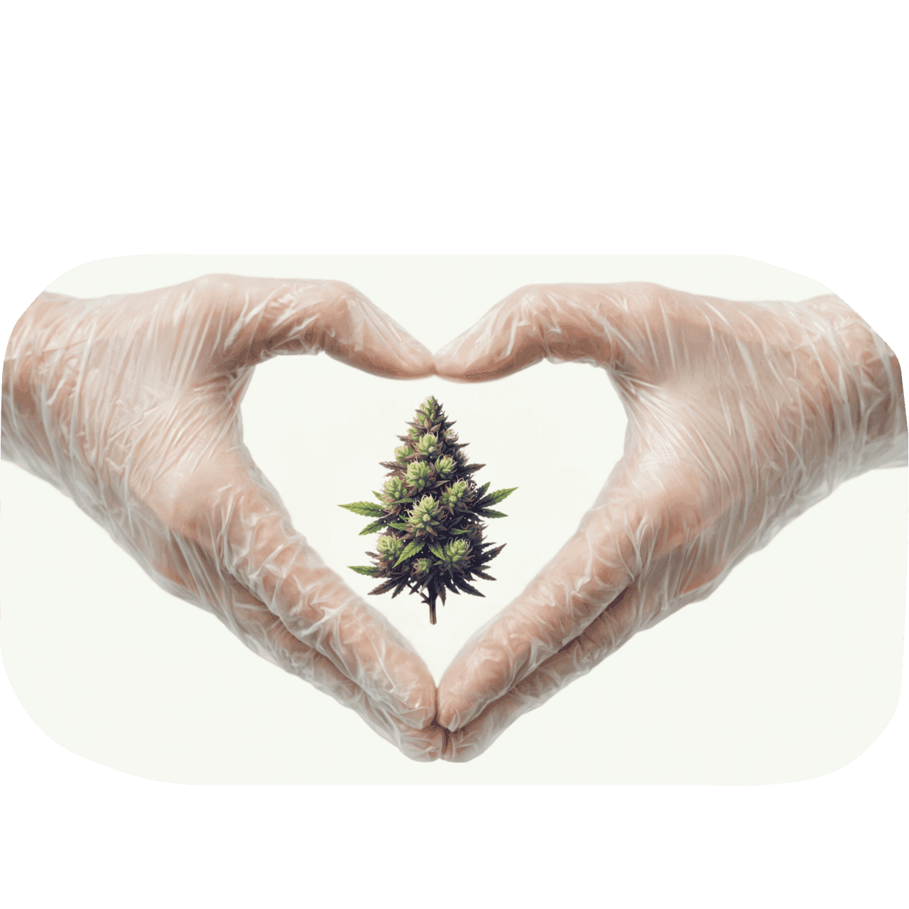 Gloved hands form a heart shape around a cannabis bud, symbolizing care and cultivation. The background is plain, emphasizing the central imagery.